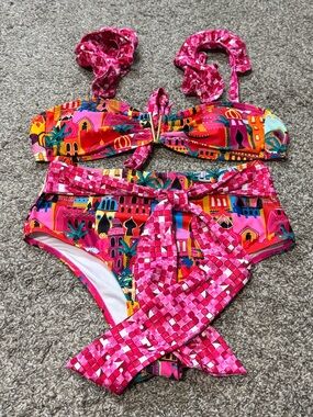 SPORLIKE High Waisted Bikini Swimsuit Flounce Straps Pink